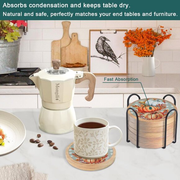 Fall Coasters Set of 6, Pumpkins Coaster, Absorbent Coasters with Holder Hallowe - Picture 4 of 6